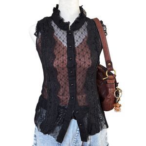 Xhilaration Black Lace Sleeveless Button Down Ruffle Top Size M